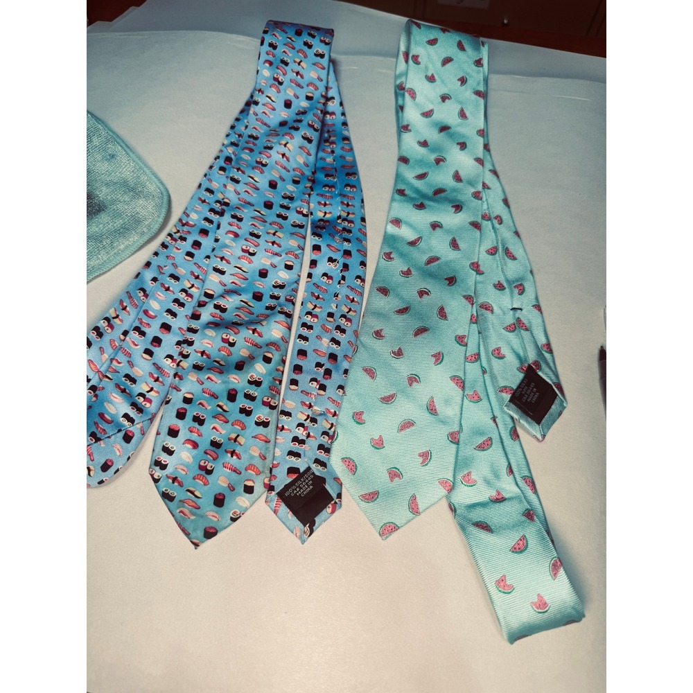 J Crew Lot of 2 Skinny Silk Ties Blue Sushi Mint Watermelon Novelty Food Print